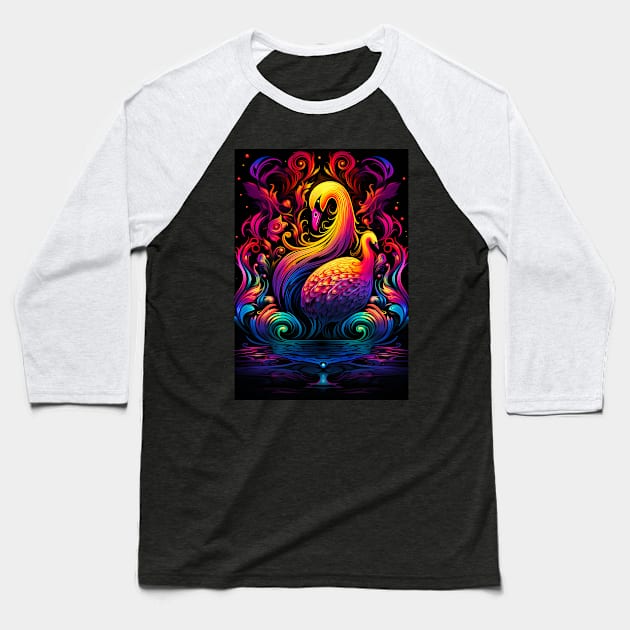 Psychedelic Trippy UV Swan Design Baseball T-Shirt by RichieDuprey